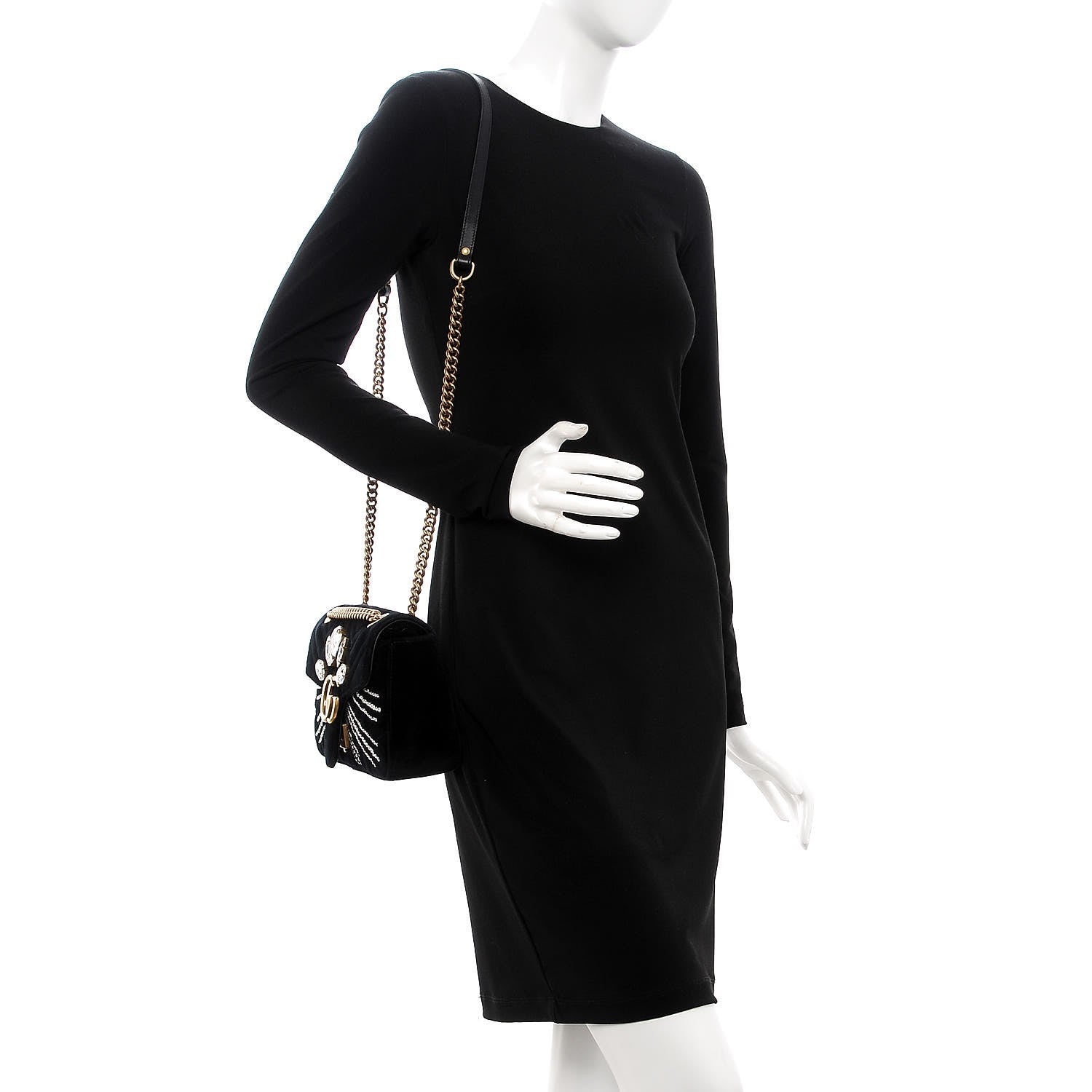 Gucci Velvet Matelasse Marquise Crystals Embroidered Small GG Marmont Shoulder Bag Black 2 of 7
