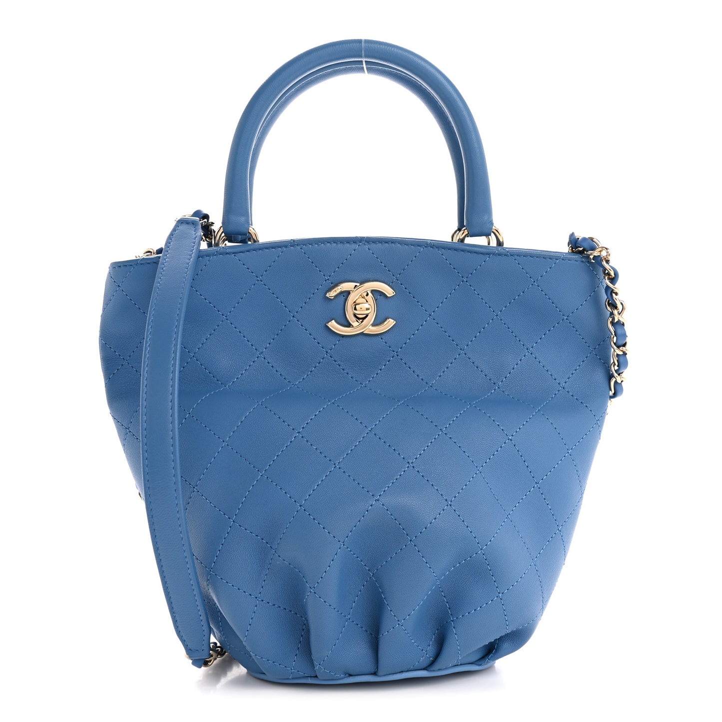 Calfskin Stitched Chain Top Handle Bucket Bag Blue