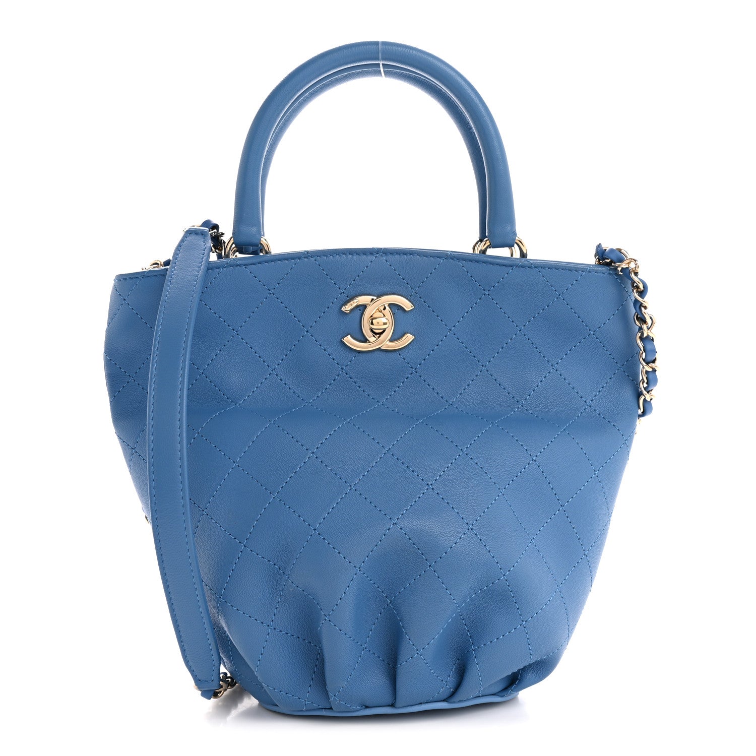 Chanel Calfskin Stitched Chain Top Handle Bucket Bag Blue 1 of 12