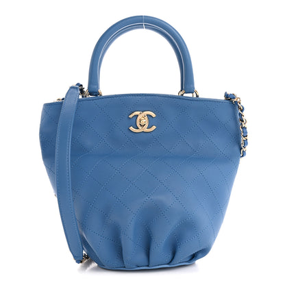 Chanel Calfskin Stitched Chain Top Handle Bucket Bag Blue 1 of 12