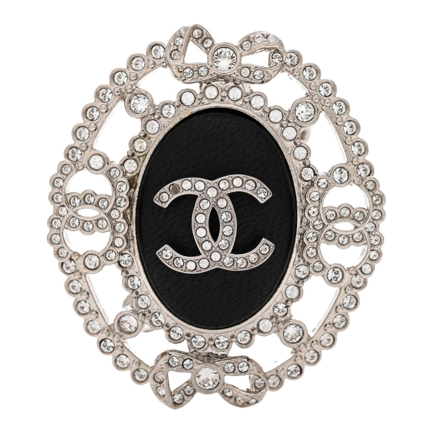 CC Lambskin Crystal Oval Brooch Silver Black
