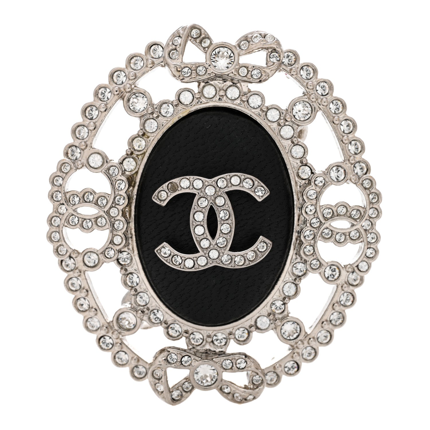 Chanel CC Lambskin Crystal Oval Brooch Silver Black 1 of 5