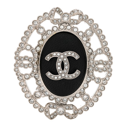 Chanel CC Lambskin Crystal Oval Brooch Silver Black 1 of 5