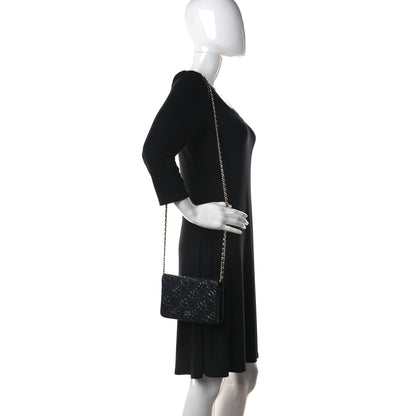 Chanel Lambskin Camellia Embossed Wallet on Chain WOC Black 3 of 14