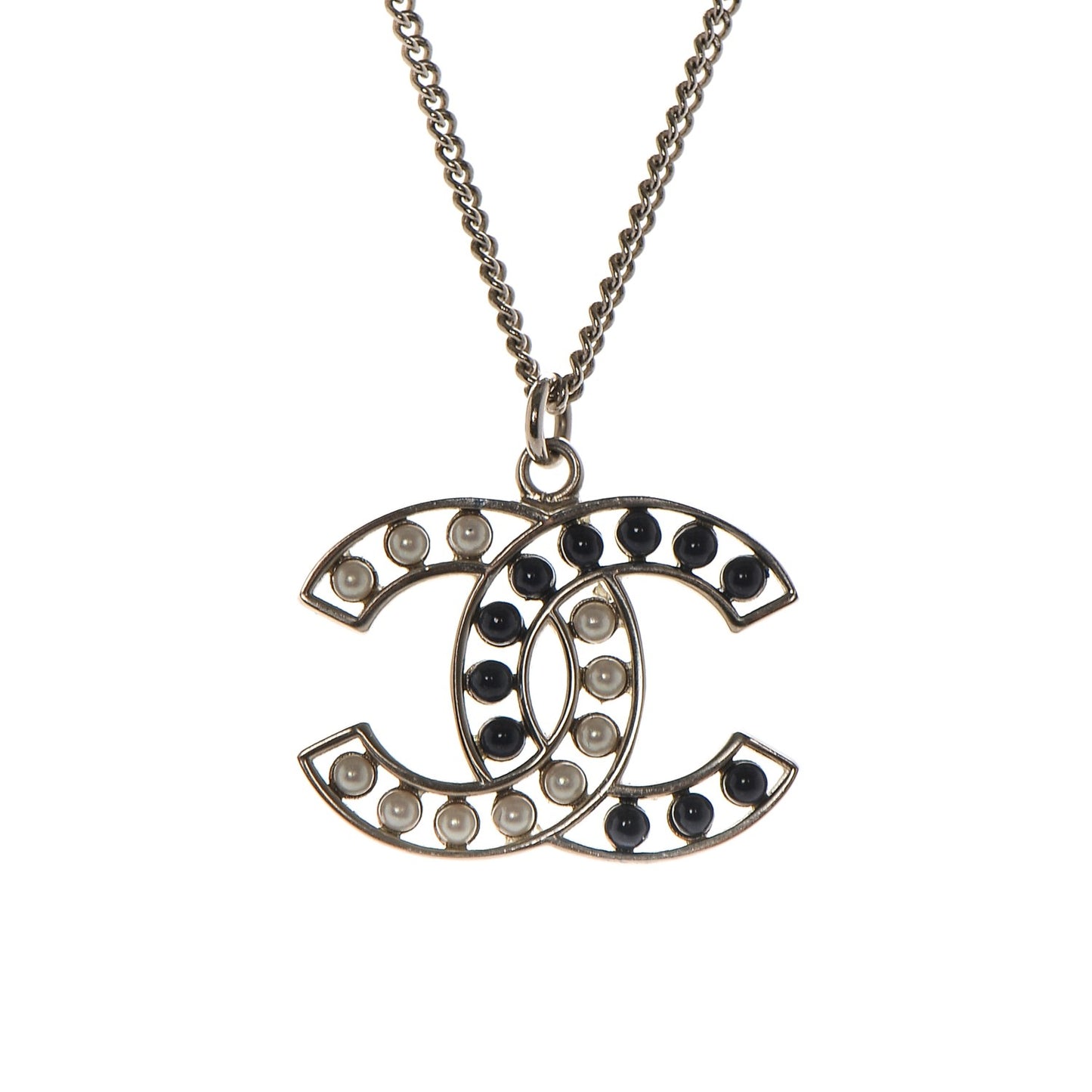 Pearl Beaded CC Necklace White Blue Silver