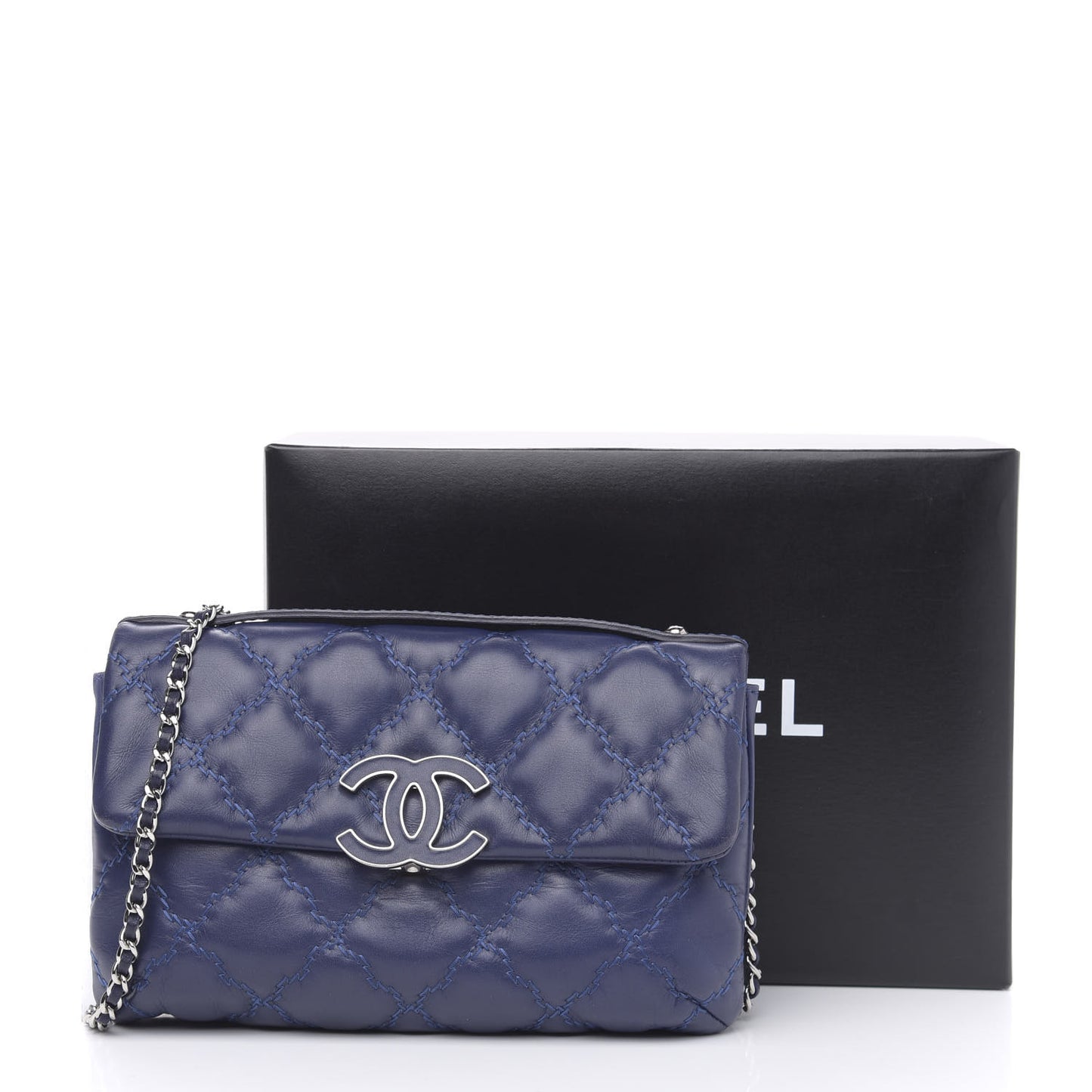 Calfskin Quilted Double Stitch Hamptons Clutch with Chain Blue