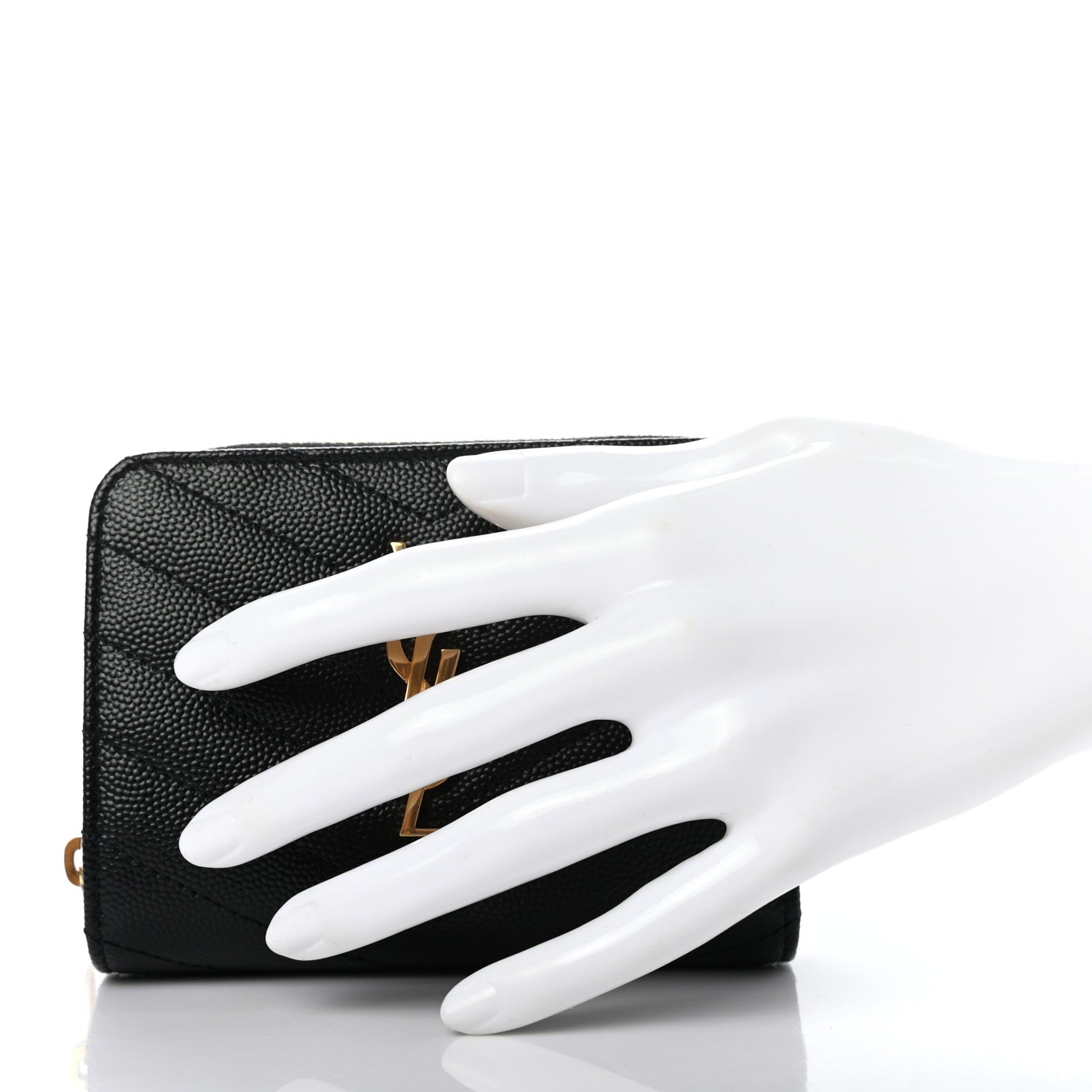 Saint Laurent Grain De Poudre Matelasse Chevron Monogram Compact Zip Around Wallet Black 2 of 7