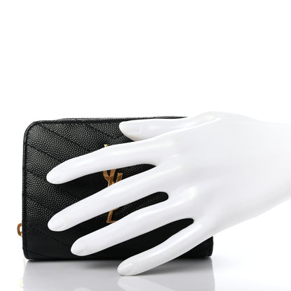Saint Laurent Grain De Poudre Matelasse Chevron Monogram Compact Zip Around Wallet Black 2 of 7
