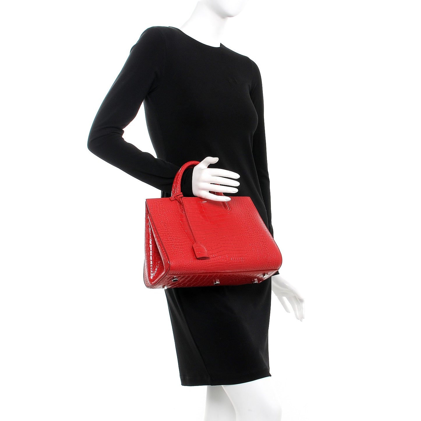 Calfskin Crocodile Embossed Small Cabas Rive Gauche Red