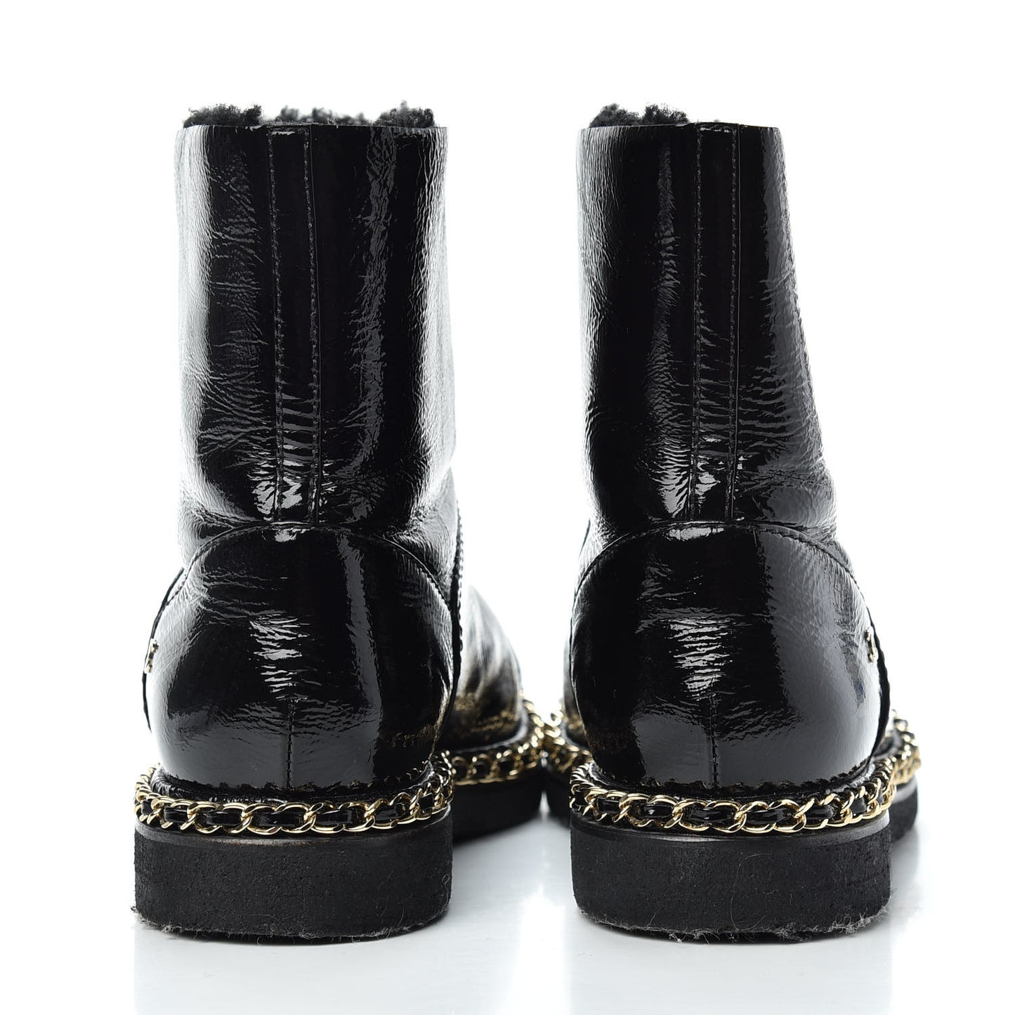 Crumpled Calfskin Shearling Womens Cap Toe Chain Short Boots 39 Black