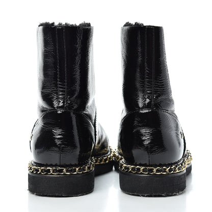 Chanel Crumpled Calfskin Shearling Womens Cap Toe Chain Short Boots 39 Black 7 of 9