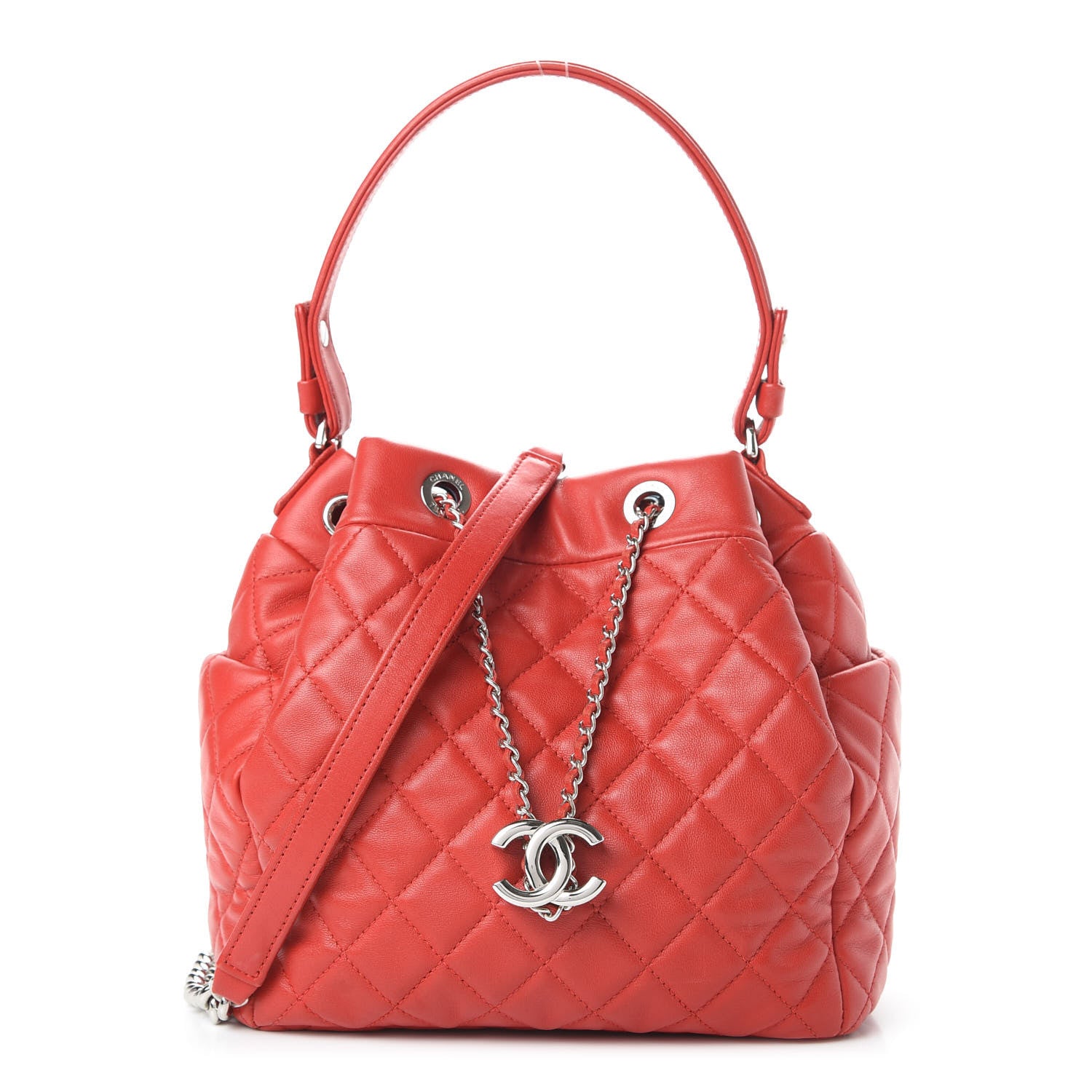 Chanel Lambskin Quilted Small CC Chain Drawstring Bucket Bag Red 1 of 10
