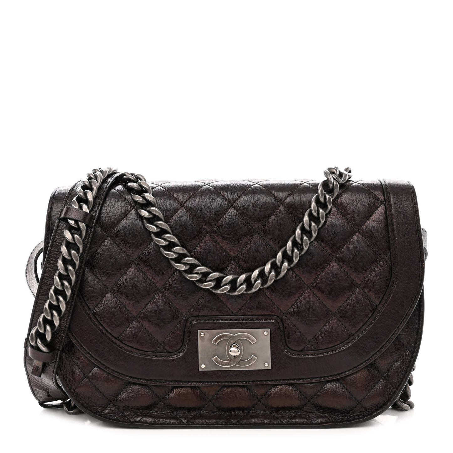 Shiny Goatskin Quilted Medium Double Chained Messenger Flap Charcoal