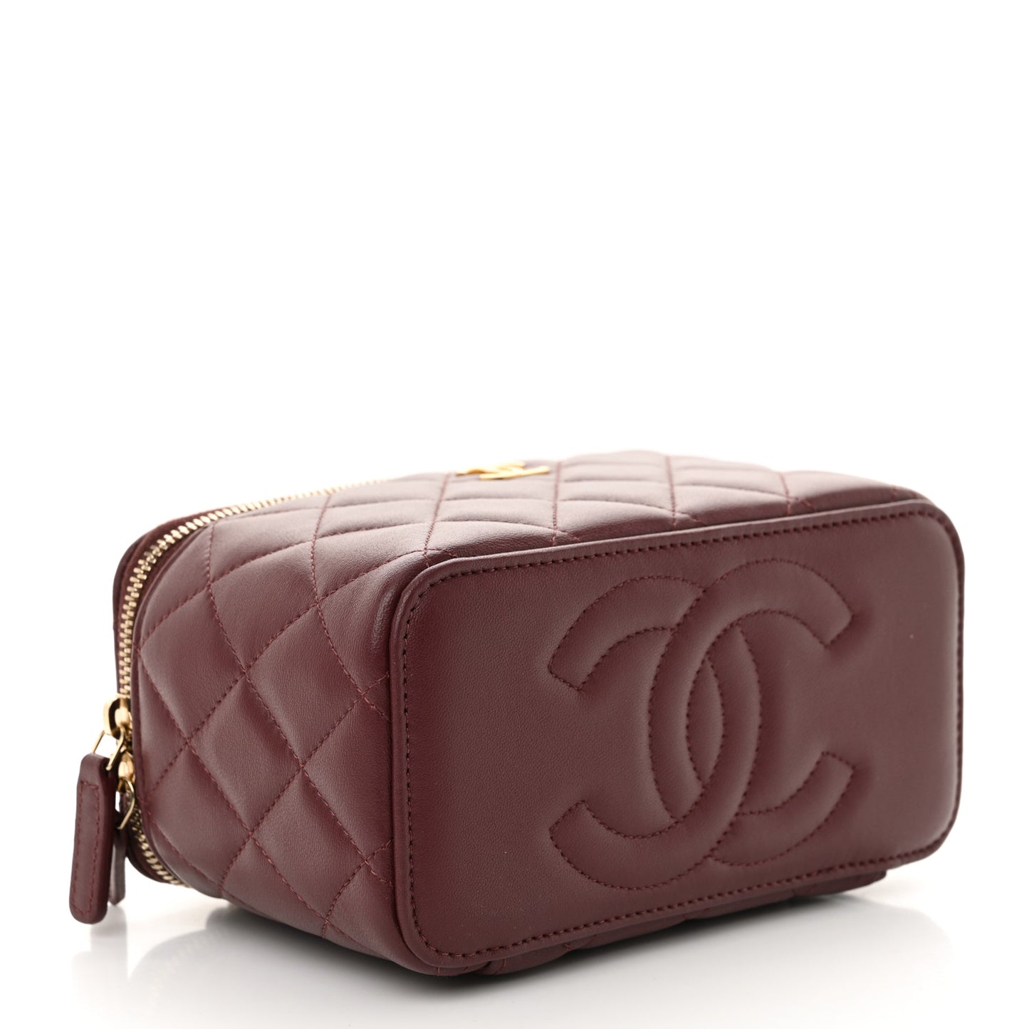 Lambskin Quilted Metal Small Top Handle Vanity Case With Chain Burgundy