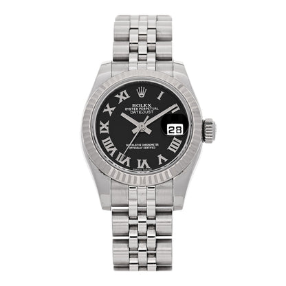 Rolex Stainless Steel 18K White Gold 26mm Oyster Perpetual Datejust Watch Black Roman 179174 1 of 5