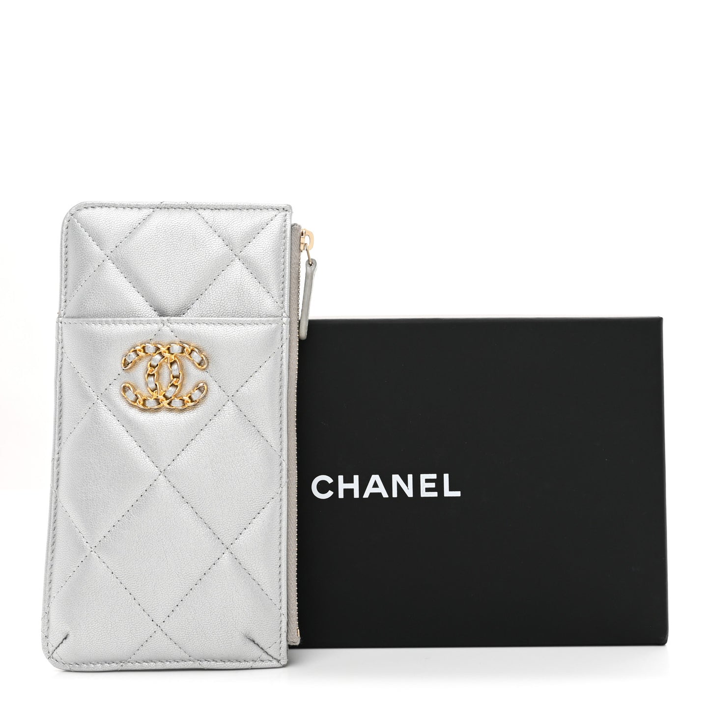 Lambskin Quilted Chanel 19 Phone and Card Holder Silver