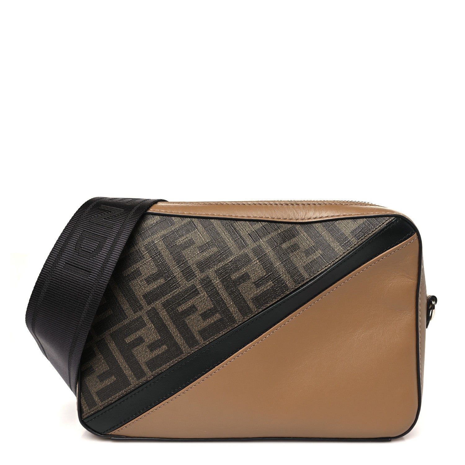 Fendi Glazed Fabric Vitello Cover FF 1974 Diagonal Bi-Color Medium Camera Case Tobacco Moro Sand Black 1 of 10