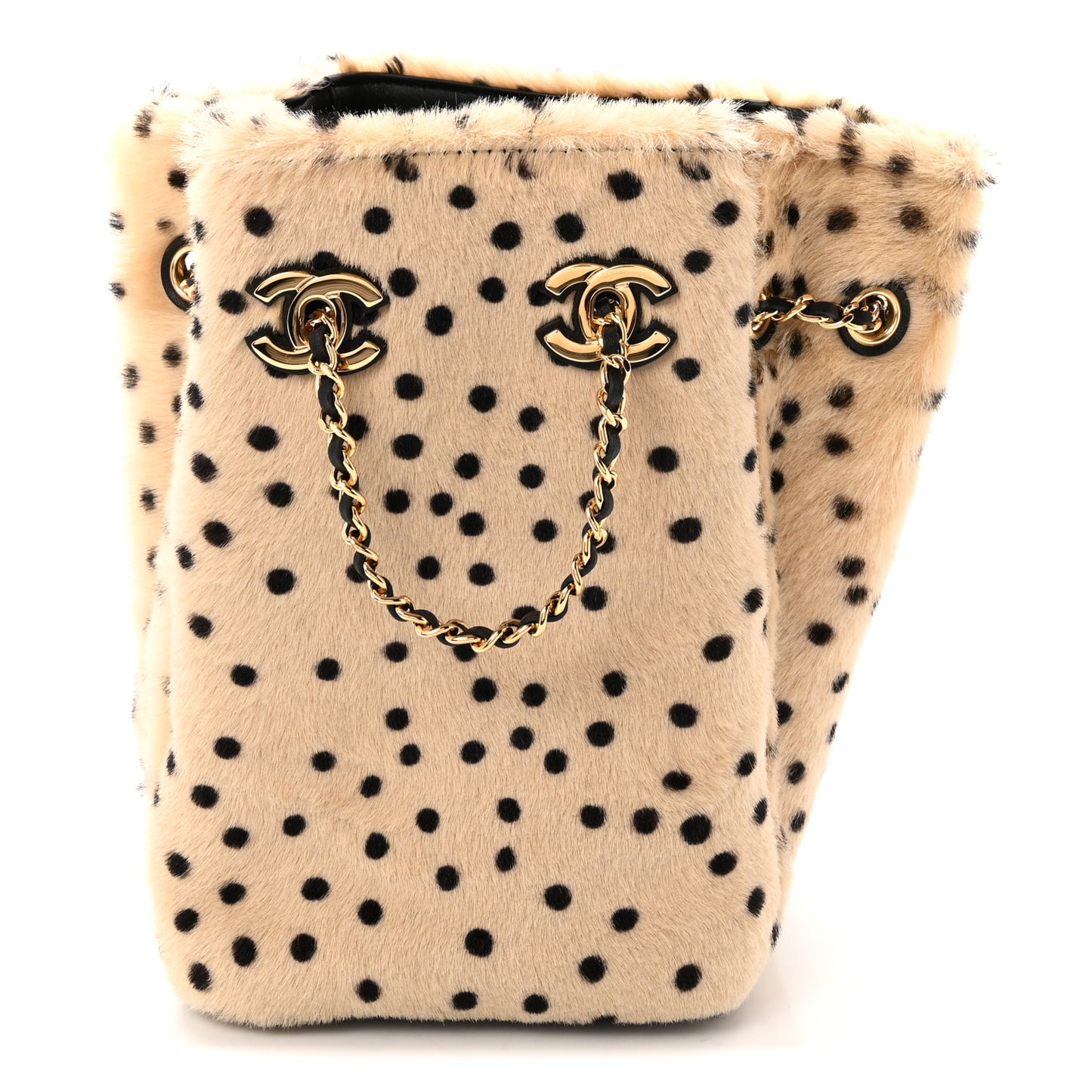 Pony Hair Cheetah Printed CC Chain Bucket Bag Light Beige Black