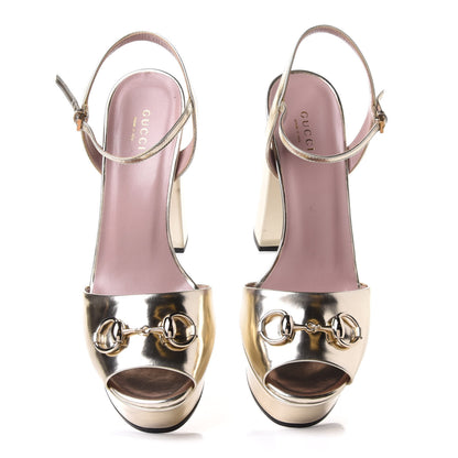 Gucci Metallic Patent Horsebit Platform Sandals 39.5 Gold 5 of 9