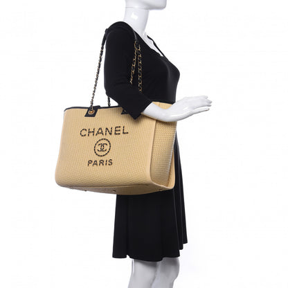 Chanel Straw Raffia Calfskin Chain Medium Deauville Tote Beige Black 2 of 10