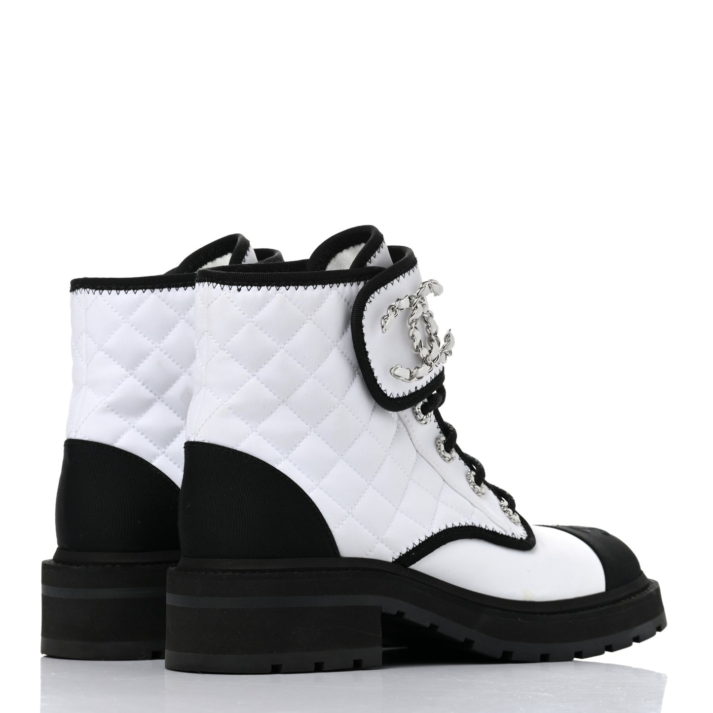 Shiny Goatskin Calfskin Quilted Lace Up Combat Boots 37.5 White Black