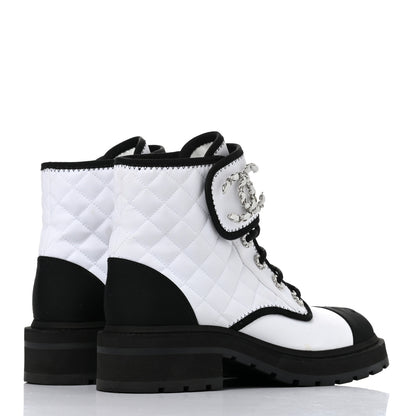 Chanel Shiny Goatskin Calfskin Quilted Lace Up Combat Boots 37.5 White Black 4 of 8