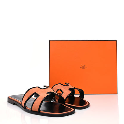 Hermes Suede Goatskin Crystal Oran Sandals 40 Rose Bubinga Black 9 of 9