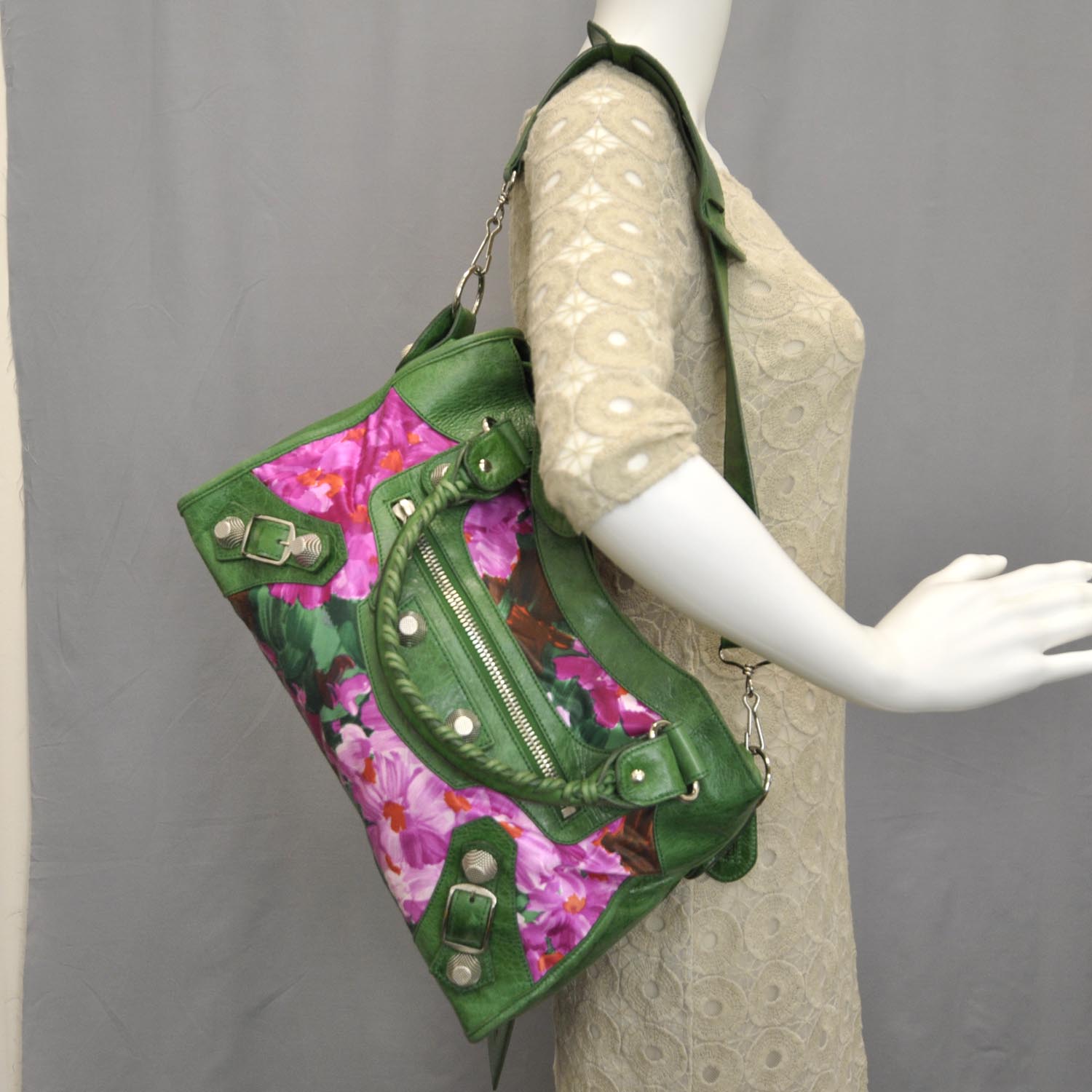 Balenciaga Agneau Canvas Floral Giant 21 Silver Hardware City Green GSH 2 of 10