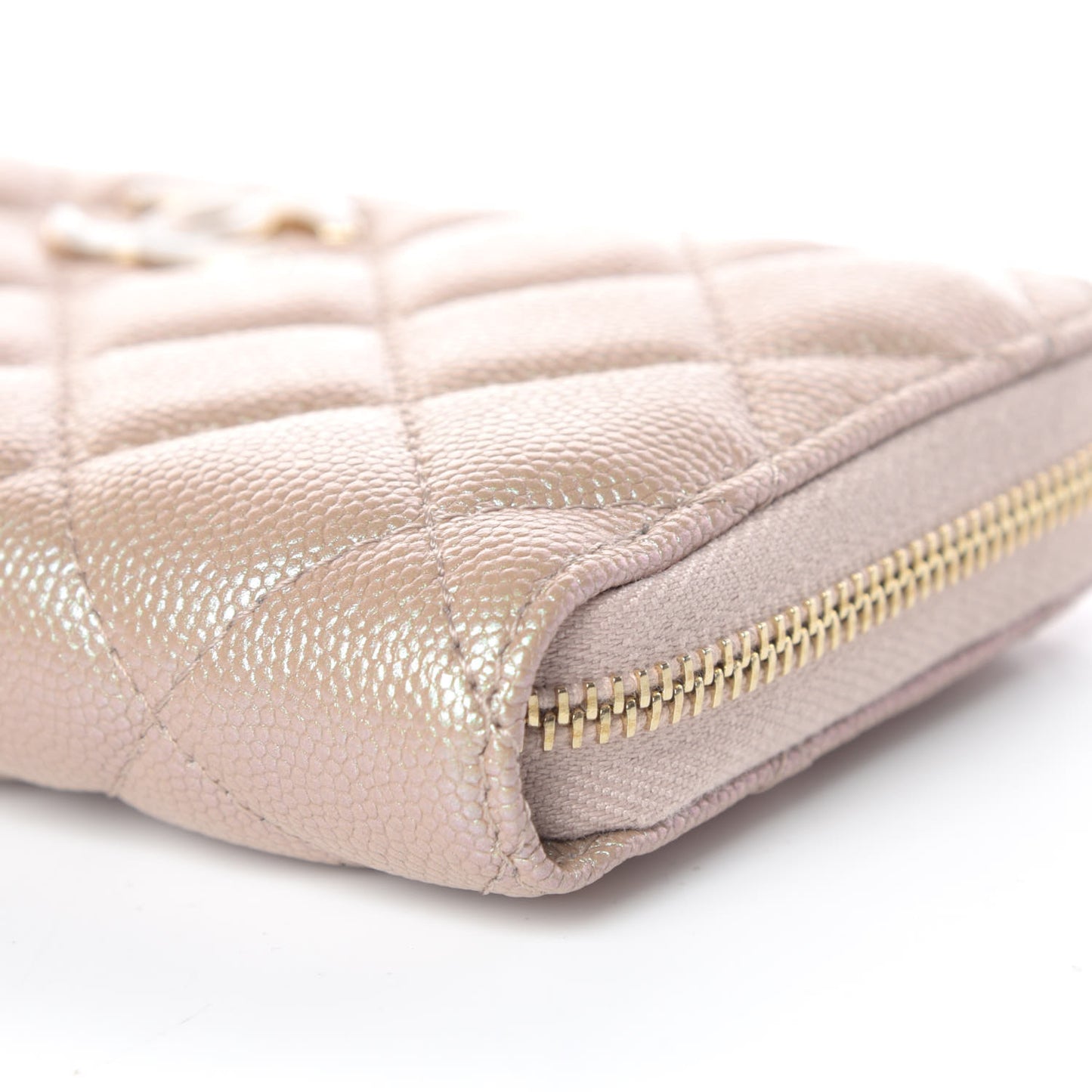 Iridescent Caviar Quilted Medium Zip Around Wallet Beige