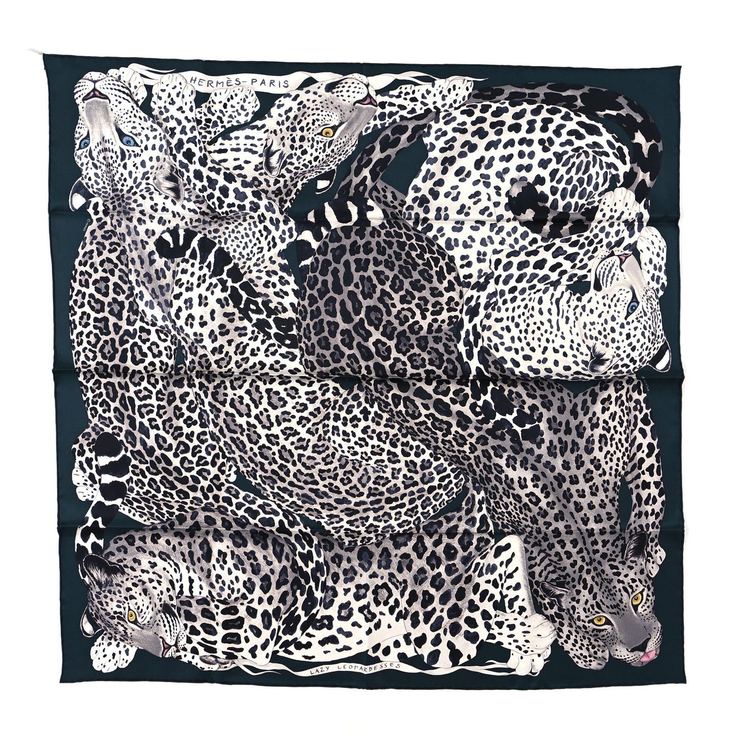Silk Twill Lazy Leopardesses Scarf 90 Vert Black Gris