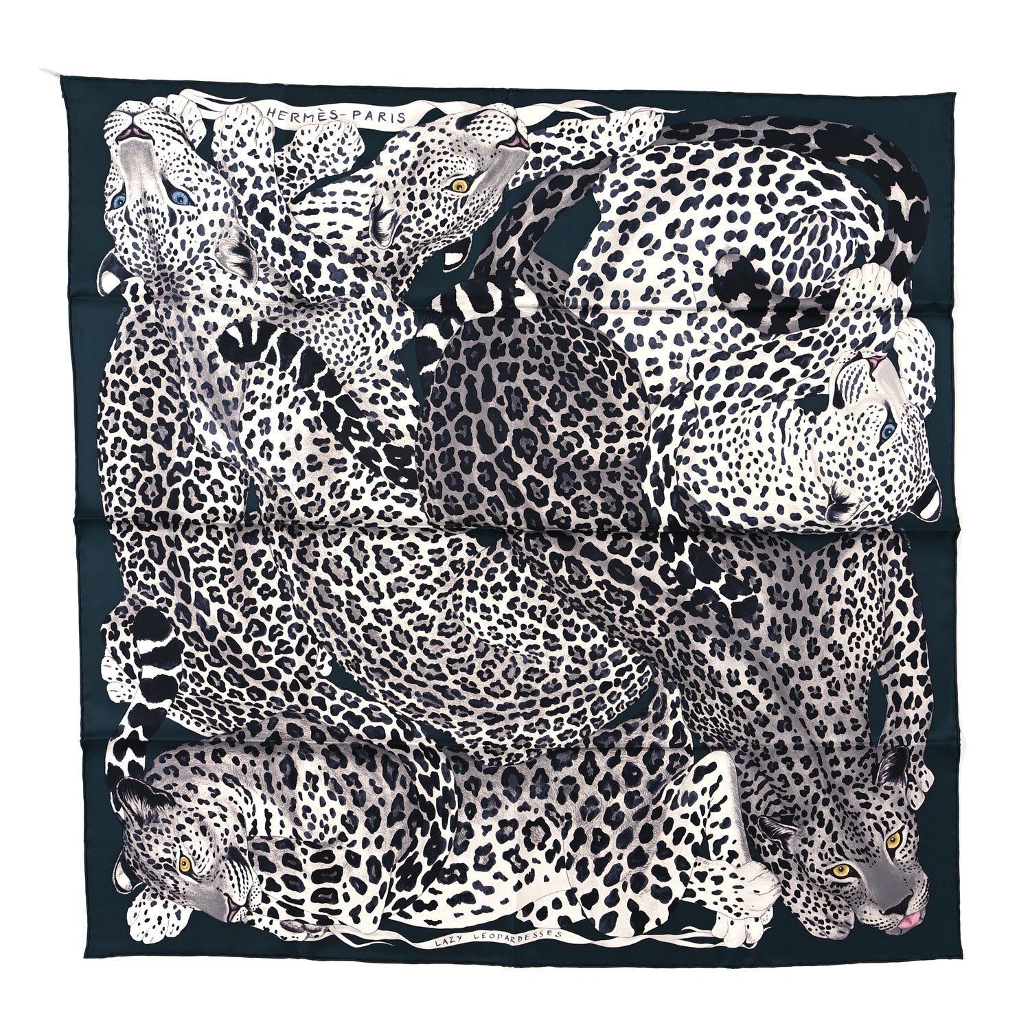 Hermes Silk Twill Lazy Leopardesses Scarf 90 Vert Black Gris 1 of 4