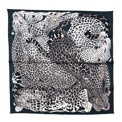 Hermes Silk Twill Lazy Leopardesses Scarf 90 Vert Black Gris 1 of 4