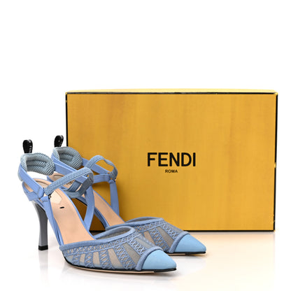 Fendi Mesh Vitello Ajour Embroidered Colibri Lite 85mm Slingback Pumps 37 Celeste Sky Pale Blue 8 of 8