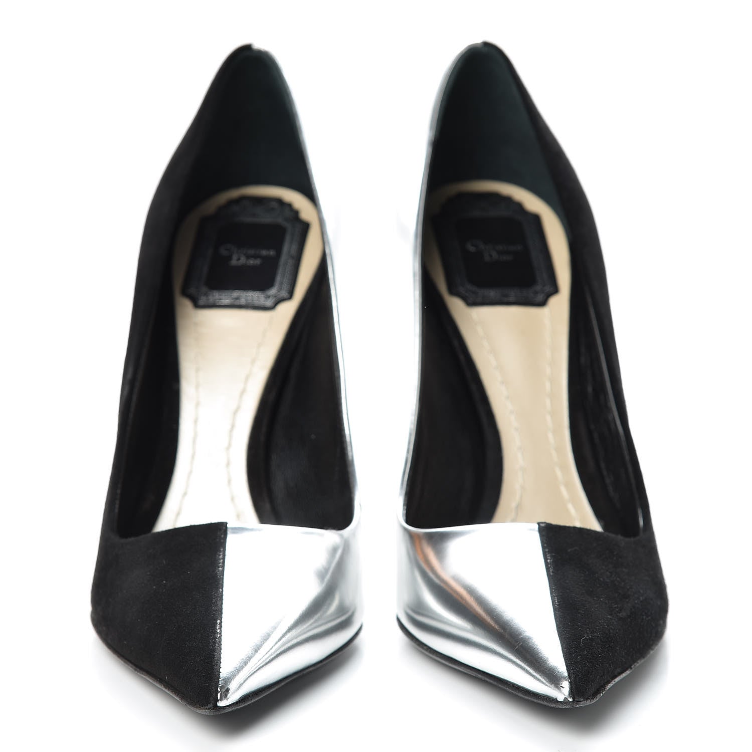 Christian Dior Mirror Finish Calfskin Suede Pumps 38 Black Silver 2 of 17