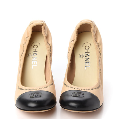 Chanel Lambskin Elastic Cap Toe Pumps 38 Beige Black 2 of 9
