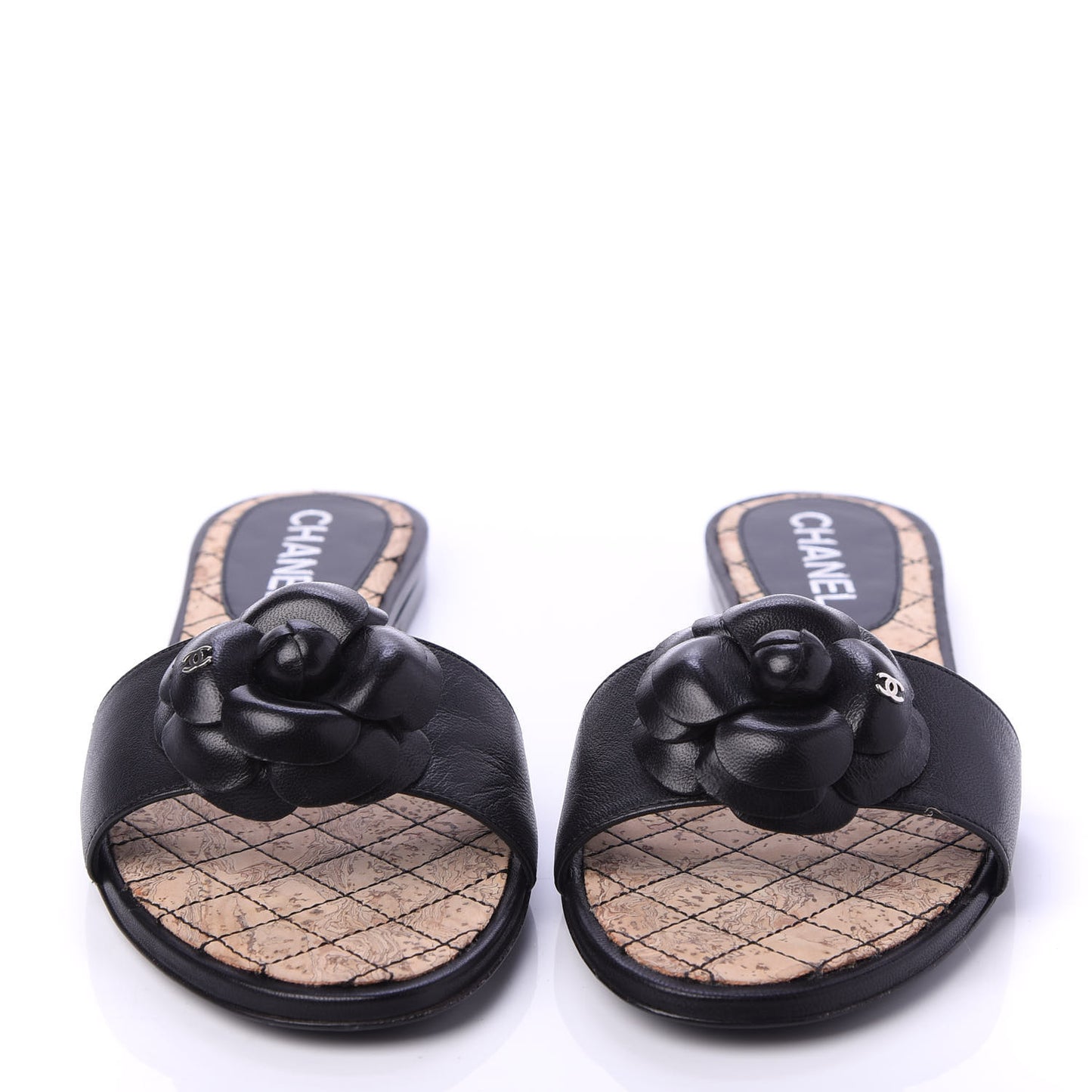 Lambskin Cork Camellia Sandals 38.5 Black