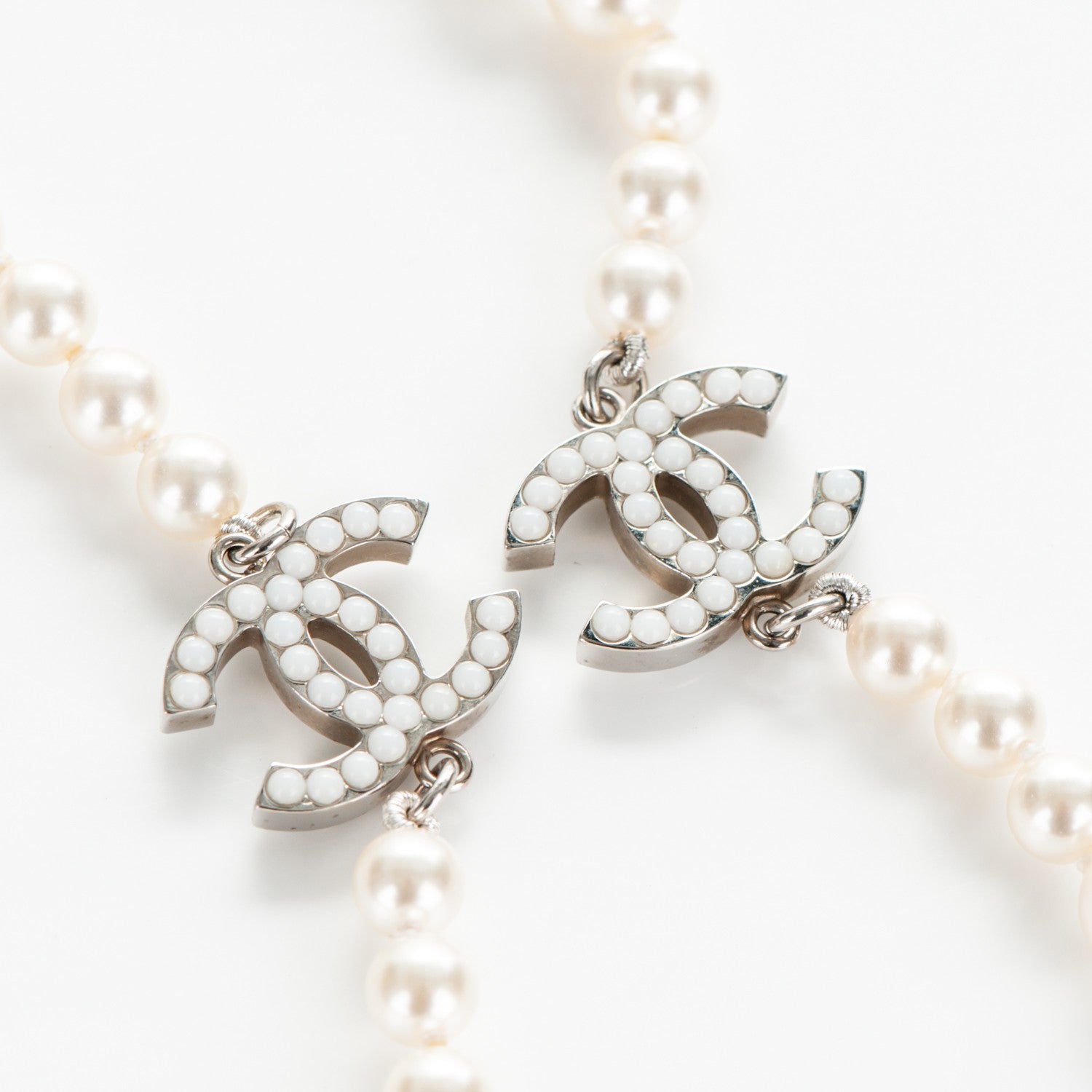 Chanel Graduated Pearl CC Long Necklace Silver 5 of 5