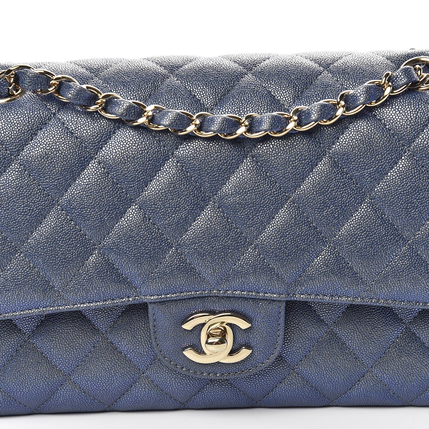 Iridescent Caviar Quilted Medium Double Flap Dark Blue