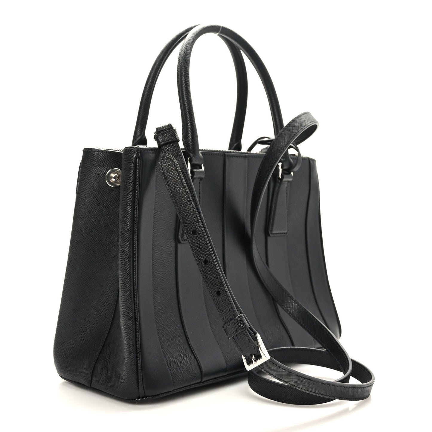 Saffiano City Calfskin Small Striped Galleria Double Zip Tote Black