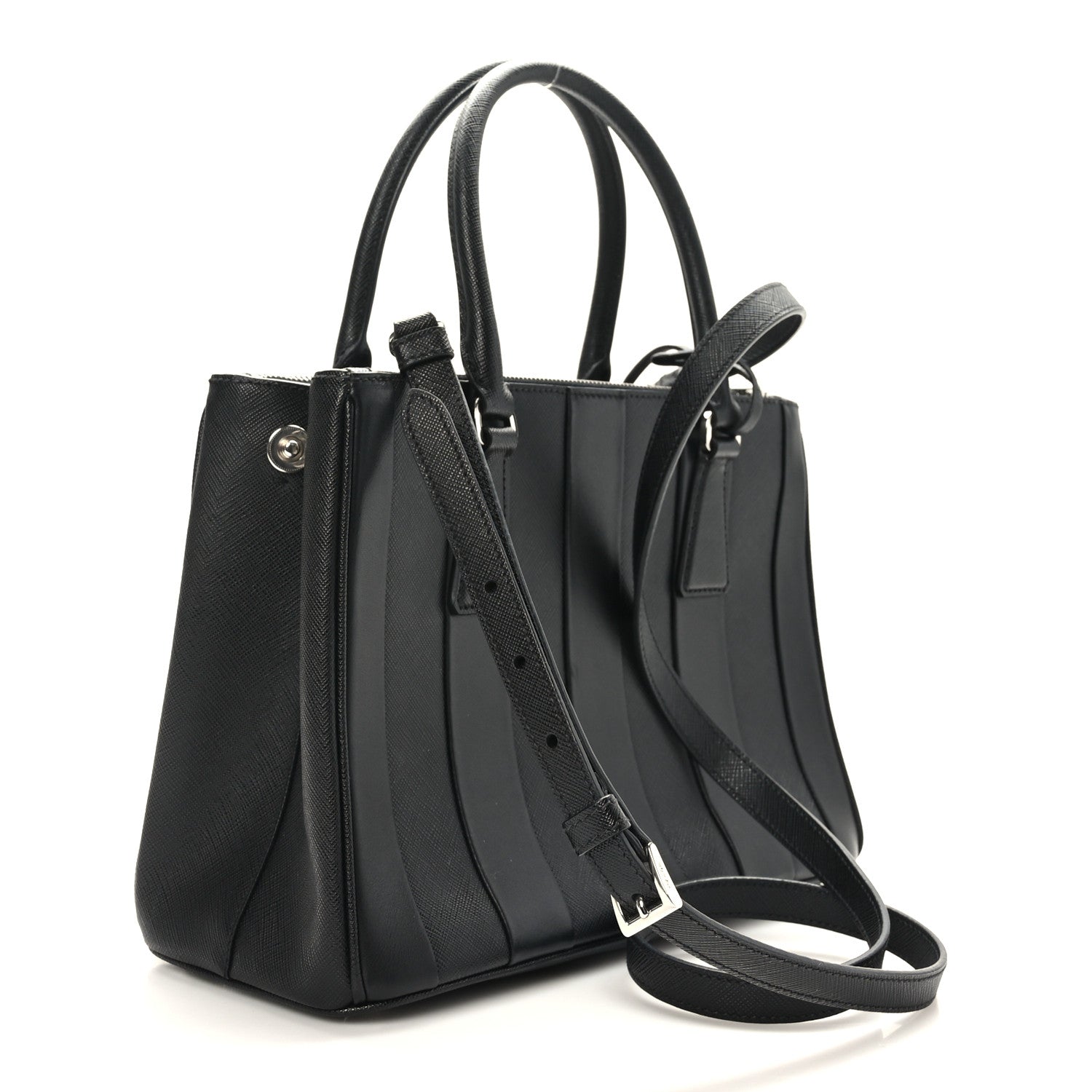 Prada Saffiano City Calfskin Small Striped Galleria Double Zip Tote Black 3 of 8