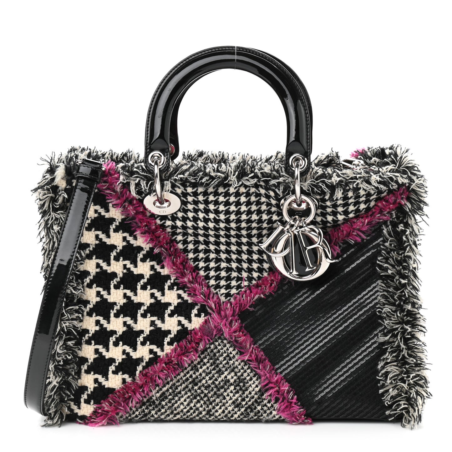 Patent Tweed Fringe Patchwork Lady Dior Black Multicolor