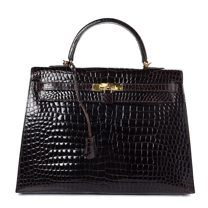 Hermes Shiny Porosus Crocodile Kelly Sellier 35 Havane 1 of 37