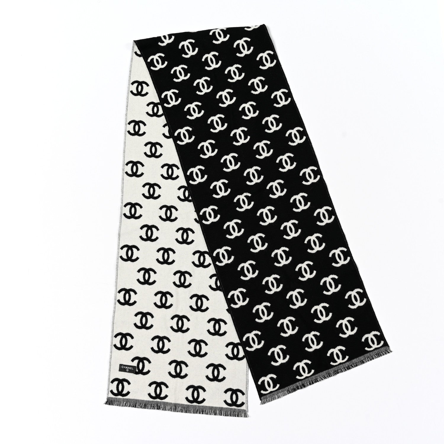 Chanel Wool Cashmere CC Scarf Black White 2 of 3