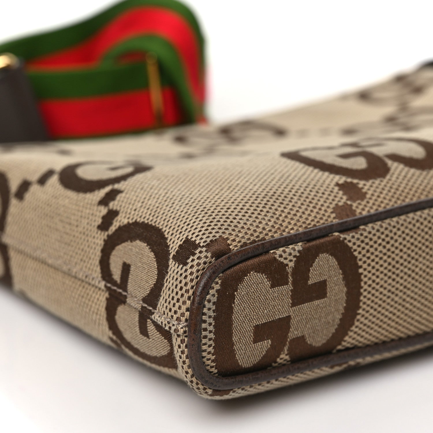 Gucci Monogram Jumbo GG Textured Dollar Calfskin Web Wristlet Messenger Bag Camel Ebony New Acero 9 of 10
