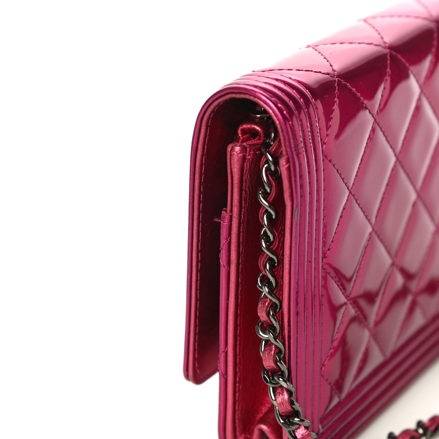 Metallic Patent Calfskin Quilted Boy Wallet On Chain WOC Fuchsia