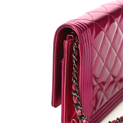 Chanel Metallic Patent Calfskin Quilted Boy Wallet On Chain WOC Fuchsia 12 of 18