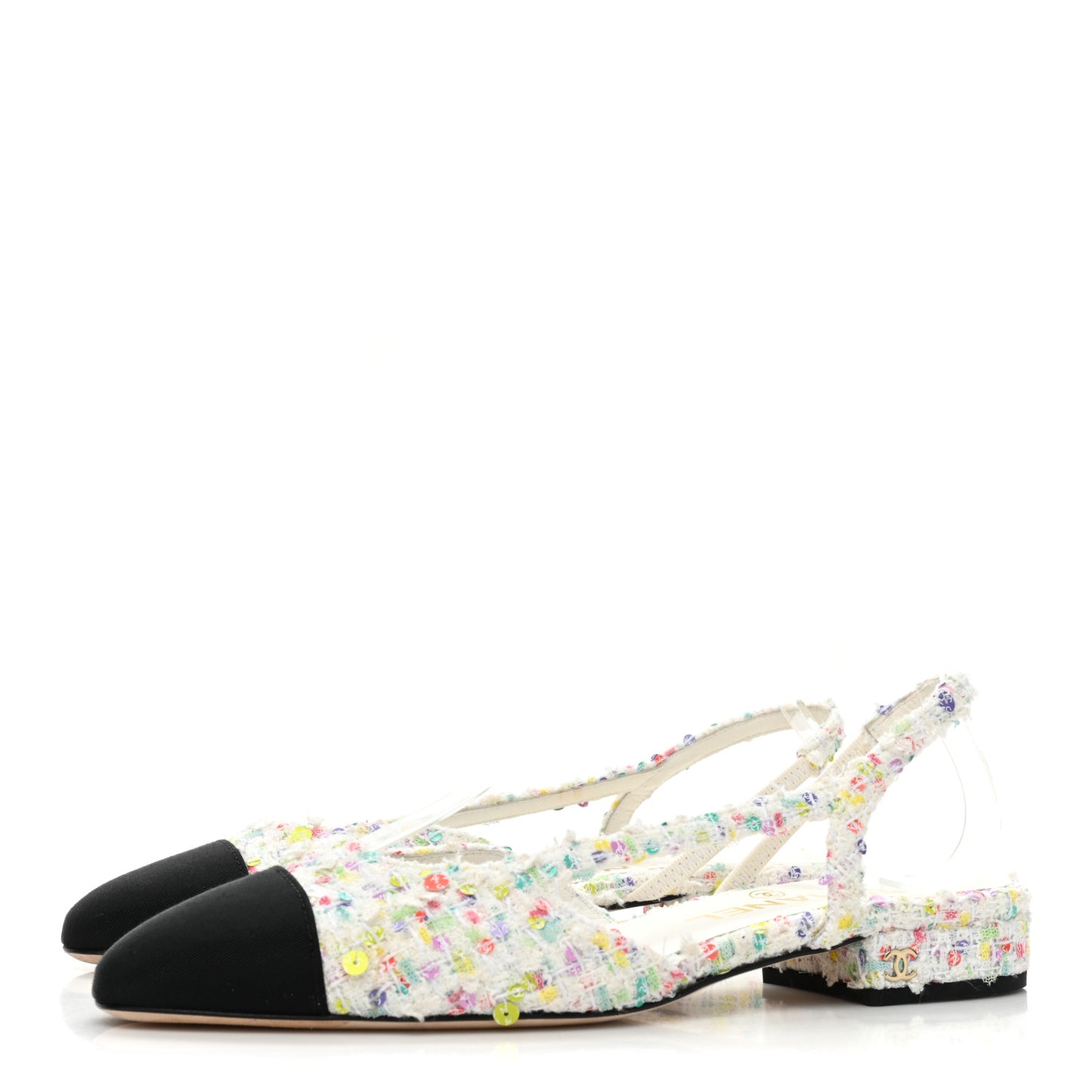 Tweed Grosgrain Toe CC Slingback Flat 36.5 White Multicolor Black