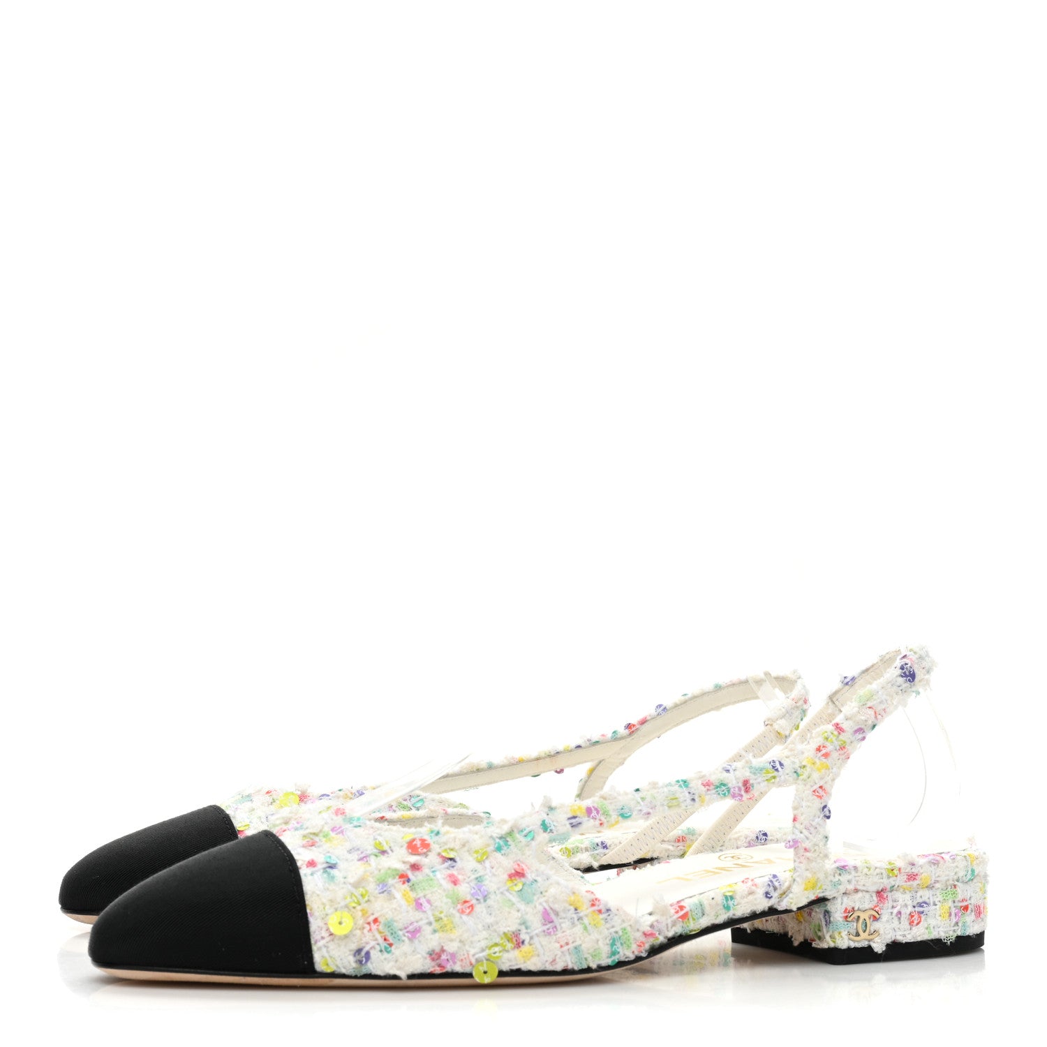 Chanel Tweed Grosgrain Toe CC Slingback Flat 36.5 White Multicolor Black 3 of 8
