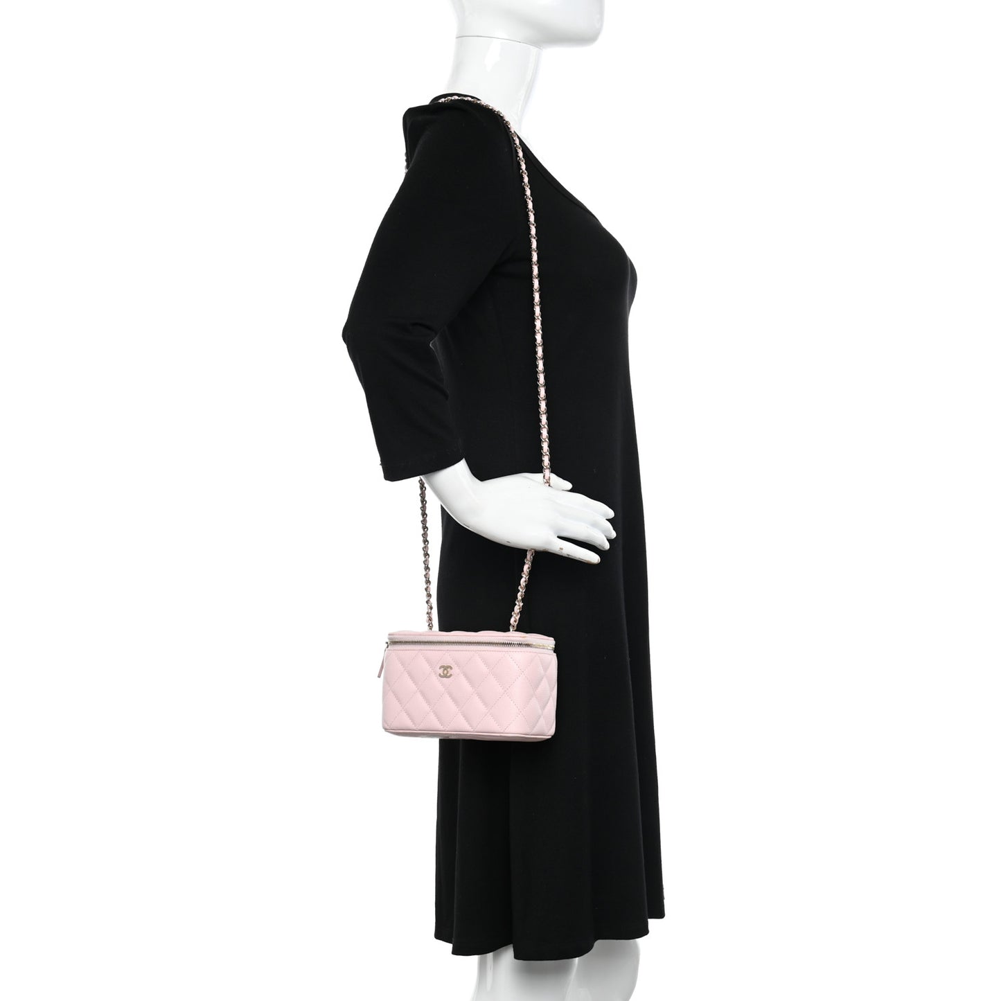 Caviar Quilted Small Vanity Case With Chain Light Pink