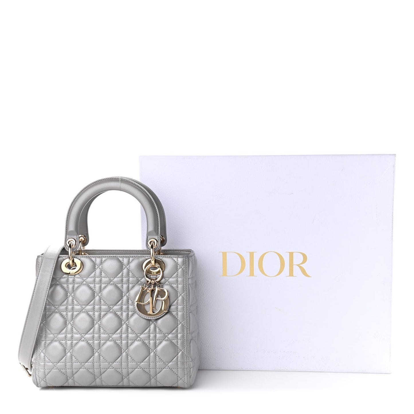Pearly Lambskin Cannage Medium Lady Dior Grey